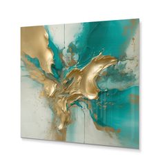 an abstract painting with gold and teal colors