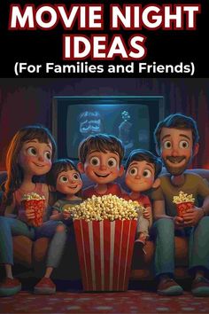 movie night ideas for families and friends with popcorn in front of the family watching tv