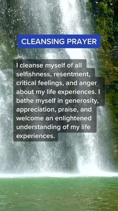 a waterfall with the words cleaning prayer written in front of it and an image of a man