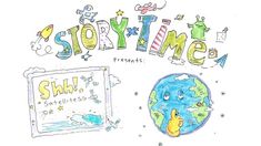 a drawing of the earth and some writing that says story time with stars on it