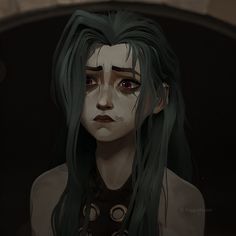 a woman with green hair and red eyes is staring at something in front of her