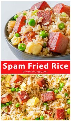 spam fried rice with peas and ham in a bowl