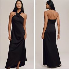 two pictures of a woman in a black dress and one is wearing a halter top