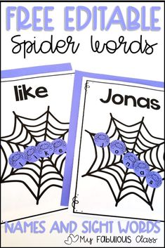 two spider words are shown on the front and back of this printable worksheet