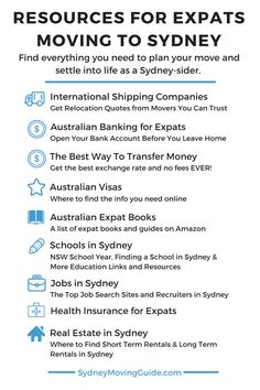 an info sheet with the words resources for expats moving to sydney on it