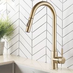 a kitchen sink with a gold faucet next to a potted plant