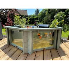 an outdoor table with fish swimming in it