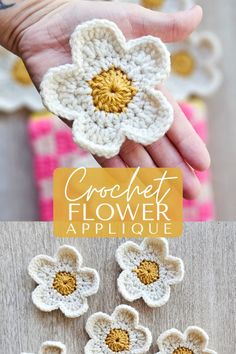 crochet flower applique is shown in white and gold