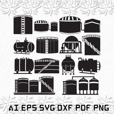 the silhouettes of farm equipment are shown in black and white, including silos