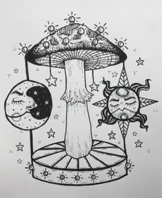 an ink drawing of a mushroom, sun and moon