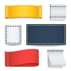 a set of different colored ribbons with white stitching on the edges and one red ribbon