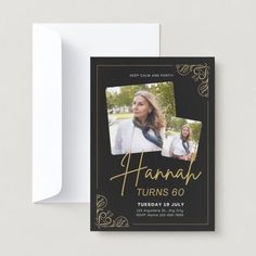 a black and gold graduation card with an image of two women on the front, one in