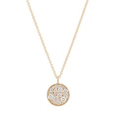 An array of different sized diamond decorates our gold pendant to draw in the viewer's eye from any angle. Easily add radiance to any layered look or sport this necklace alone for an exclusive aesthetic. - Diamonds: features alternating pave diamonds, 0.42ctw- Chain: 1mm cable chain, offered in 16/18" and 18/20"- Ready to ship in 14K gold; available in other metals by request.- The model is wearing 16" for reference. Luxury Diamond Pendant Necklace With Rose Cut, Luxury Rose Cut Diamond Pendant Necklace, Dazzling Diamond Necklace With Pave Setting, Diamond Cut Pendant Necklace, Diamond White Rose Cut Diamond Necklace, Dazzling White Gold Necklace With Rose Cut Diamonds, Fine Jewelry Diamond Necklace With Round Pendant, Luxury Diamond Pendant Necklace With Diamond Accents, Luxury Diamond Necklaces With Single Cut Diamonds