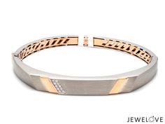 Platinum Kada, Bangles & Bracelets by Jewelove Men of Platinum Crafted in combination of Platinum & Rose Gold. The Bracelet is made in 95% Platinum & 18K Gold and hallmarked with Pt 950 for platinum purity. Metal : Platinum & 18K Gold Platinum Purity : 95% Gold Purity : 18K (750)   Purity Mark : Pt 950 & 18K Finishing : Matte Finish Width : 8mm Thickness : 5mm Estimated Weight : 36.440 grams (32.582 Pt + 3.84Au) Diamond Weight : 0.09 cts. Diamond Clarity : VVS or SI (as selected above)  Diamond Mens Bracelet Gold Jewelry, Rose Gold Diamond Bracelet, Kada Bangles, Gold Diamond Bracelet, Platinum Bracelet, Diamond Pendants Designs, Gold Bridal Jewellery Sets, Platinum Rose Gold, Diamond Pendants