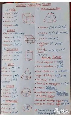 a piece of paper with some writing on it that says surface area and volume at core