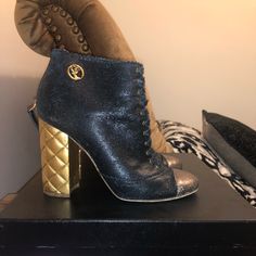 Chanel Black Booties. Chunky Quilted Gold Heel. Size 37, Worn 6-7x. Chanel Ankle Boots 2022, Chanel Black Ankle Boots, Shoes Chanel, Chanel Boots, Old Shop, Watch Accessories, Gold Heels, Chanel Black, Chanel Shoes