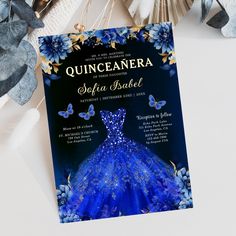 a quinceanera bridal party with blue flowers and butterflies on the front