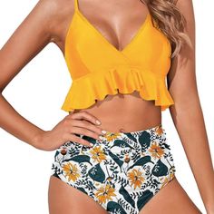 85% Polyester, 15% Spandex Elasticity,Straps Closure Yellow Floral 2 Piece Swimsuits: Adjustable Criss Cross Straps Offer You A Better Custom Fit, Removable Padded Push Up Bras For Extra Support And Shape. Deep V Neck With Ruffle Flounce Hemline Of The Bikini Top Is Pretty Feminine, Which Accentuates Your Natural Adorable Curves, Ultra Stylish And Flattering. Color: Yellow Floral This Item Is Part Of Overstock Sale/ Returns Might Have Some Imperfection, Slight Defects And Or Missing Some Parts. Halter Top Bathing Suits, Ruffle Bathing Suit, Halter Bathing Suit, Comfort Women, Swimwear High Waisted, Ruffle Swimsuit, Print Swimwear, Swimsuits High Waisted, Plus Size Swimsuits