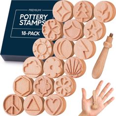 the wooden stamps have been made to look like they are in different shapes and sizes