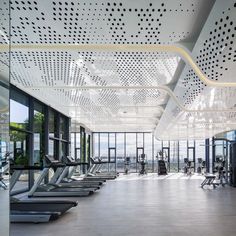 a gym with rows of treadmills and exercise machines in the foreground, looking out over the city