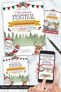 Get ready to spread the holiday cheer with this editable template featuring exciting and lively winter-themed graphics of Santa Claus, reindeer, and more! Perfect for inviting your school's PTO, PTA, or PTSA to your festive holiday festival, bazaar, boutique, market, or open house fundraiser. This versatile design is ideal for any holiday party fundraiser. And to top it off, you'll also receive a collection of 3 holiday festival flyers, a ticket template, and a bundle of social media templates to promote your charity fundraiser online! Winter Fundraising Ideas, Fundraiser Party, Charity Gifts, Festival Flyer