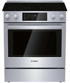 a stainless steel oven with an electronic display on the front and side panel, is shown