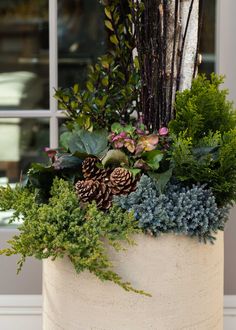 a planter filled with lots of different types of flowers and greenery next to a window