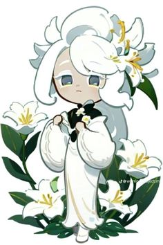 an anime character with white hair and flowers on her head, wearing a white dress