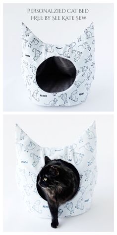 a black cat laying in a bed made out of fabric with the words, cat bed free sewing pattern