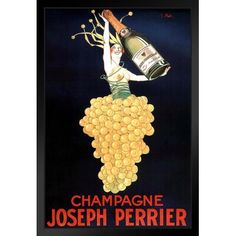 a poster advertising champagne and grapes with a woman holding a bottle in the air above her head