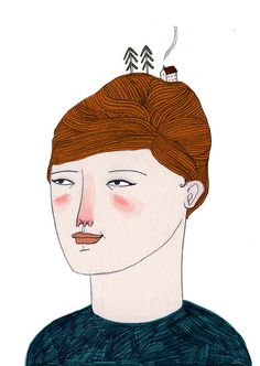 a drawing of a man with red hair and a bird on top of his head