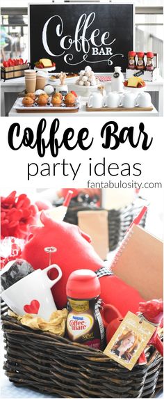 coffee bar party ideas with red and white decorations, including an assortment of items in a wicker basket