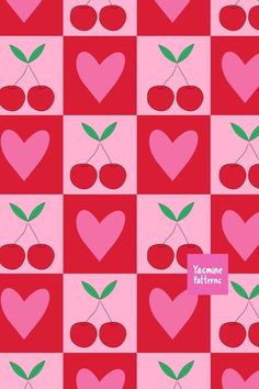 a pattern with hearts and cherries on a checkered red background for valentine's day