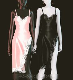 two mannequins dressed in black and pink dresses