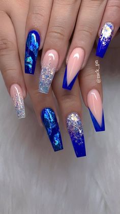 Blue Poly Gel Nails Design, Nail Designs With Flakes, Simple But Glam Nails, Blue Confetti Nails, Gel Nails Ideas Long Square, Elegant Royal Blue Nails, Blue Pink Nail Art, Blue Bling Nails Short, Pink Nails With Blue Design