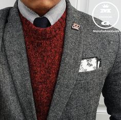 What do you think about this outfit? Style by @thedressedchest #mensfashion_guide #mensguide Grey Jacket, Mens Style Guide, Mens Fashion Fall, Sweater Grey, Suit Style, Red Sweater, Jacket Blazer