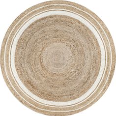 a round rug with white and beige stripes