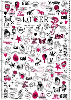 an image of many different tattoos on a white background with the word love written in it