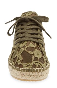 An espadrille-style sole and floral-embroidered lace bring undeniable texture to a versatile sneaker that will take you from special occasions to coffee dates. Lace-up style Textile upper/synthetic and textile lining/synthetic sole Made in Spain Women's Shoes Green Spring Sneakers With Laces, Spring Green Sneakers With Laces, Lace-up Textile Espadrilles For Summer, Beach Lace-up Textile Espadrilles, Embroidered Slip-on Sneakers For Summer, Summer Embroidered Slip-on Sneakers, Spring Beach Sneakers Lace-up, Low-top Beach Sneakers For Spring, Beach Sneakers With Textured Sole And Lace-up Design