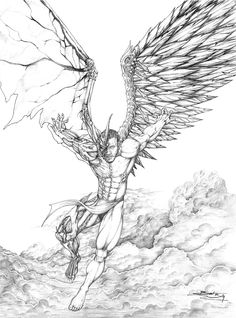 a drawing of an angel flying through the sky with wings on his back and arms outstretched