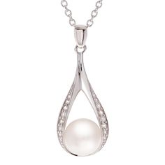 "Adorn yourself in the beauty of this sterling silver necklace. A freshwater cultured pearl dangling inside a cubic zirconia-accented teardrop makes it a captivating choice. Adorn yourself in the beauty of this sterling silver necklace. A freshwater cultured pearl dangling inside a cubic zirconia-accented teardrop makes it a captivating choice. PENDANT DETAILS Chain length: 18-20 in. Pendant length: 1.25 in. Clasp: lobster-claw Metal: sterling silver Finish: polished Plating: rhodium Packaging: Elegant Teardrop Drop Necklace For Anniversary, Elegant Sterling Silver Teardrop Pendant Pearl Necklace, Teardrop Pearl Pendant With Cubic Zirconia, Elegant Sterling Silver Pearl Necklace With Teardrop Pendant, Teardrop Cubic Zirconia Pearl Pendant Jewelry, Teardrop Pearl Pendant Jewelry With Cubic Zirconia, Elegant Pear-shaped Sterling Silver Drop, Elegant Teardrop Sterling Silver Pearl Necklace, Elegant Sterling Silver Teardrop Pearl Necklace