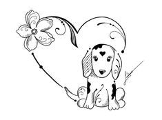 a black and white drawing of a dog holding a heart