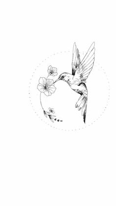 a black and white drawing of a hummingbird flying with flowers in its beaks