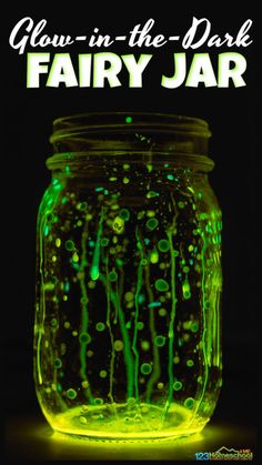 glow in the dark fairy jar is shown with green bubbles on it and text that reads glow in the dark fairy jar