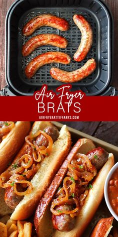 two hot dogs and some french fries in a pan with the words air fryer brats on it