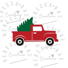 a red truck with a christmas tree in the back and letters around it, on a white background