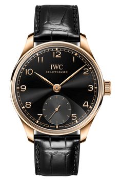 18 ct 5N gold case, Automatic winding, Diameter 40.4 mm, Black dial, Black alligator leather strap by Santoni, Strap... width 20.0 mm. Iwc Watch, Iwc Watches, Latest Watches, Rose Gold Case, Side Profile, Mens Luxury, Luxury Watches For Men, Watch Model, Watch Movement