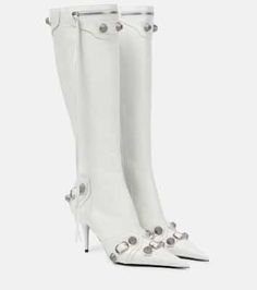 White Balenciaga, Faux Leather Heels, Knee High Leather Boots, Silver Shoes, Leather Fringe, High Heels Stilettos, Leather Zipper, Mid Calf Boots, Looks Vintage