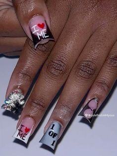 Nail Style Ideas, I Love Me Nails Design, I Heart Me Nails, Nails With Kisses, Short Junk Nail Designs, Birthday Freestyle Nails, I Love Me Nails, Short Duck Nails, 22 Nails