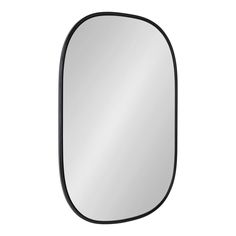 an oval mirror with black frame on a white background, it is isolated from the side